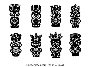 Vector set with Tiki masks in black, on an isolated background. Traditional wooden totem style illustrations reflecting Hawaiian or Polynesian culture.