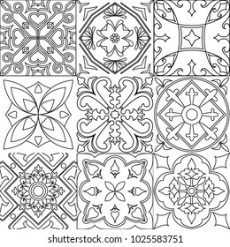 Vector set of tiles background in black and white. For wallpaper, backgrounds, decoration for your design, ceramic, page fill and more.