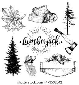 Vector set of timber print collection. Stamp, axe, pine trees, firewoods, saw, leaves and acorns. Hand drawn vintage style. Trendy hipster lumberjack illustration. 