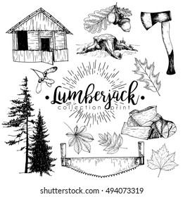 Vector set of timber print collection. Cozy cabin, stamp, axe, pine trees, firewoods, saw, leaves and acorns. Hand drawn vintage style. Trendy hipster lumberjack illustration. 