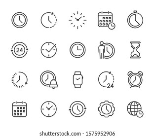 Vector set of time line icons. Contains icons of clock, calendar, alarm clock, timer, time management and more. Pixel perfect, scalable 24, 48, 96 pixels.