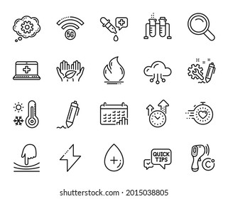 Vector set of Time management, Fire energy and Chemistry pipette line icons set. Energy, Engineering and Oil serum icons. Weather thermometer, Chemistry beaker and Timer signs. Vector