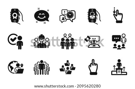 Vector set of Time management, People chatting and Touchscreen gesture icons simple set. Group, Judge hammer and Teamwork icons. Delivery app, Outsource work and Verification person signs. Vector