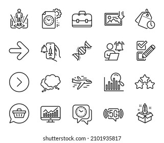 Conjunto de vectores de los iconos de la línea de tiempo de administración, portafolio y línea de reenvío. Adn de química, notificación de usuario e iconos wifi de 5g. Señales de inicio, avión y estrellas de clasificación. Símbolo web de administración de tiempo. Vector