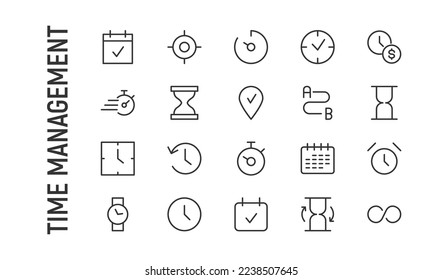 Vector set of time management thin line icons. Design of 20 stroke pictograms. Signs of time management isolated on a white background.