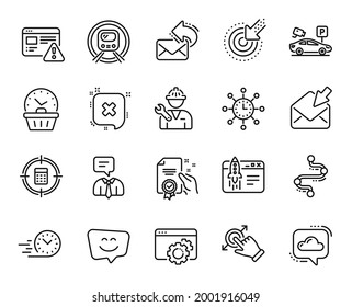 Vector set of Timeline, Targeting and Parking security line icons set. Repairman, Share mail and Start business icons. Certificate, Support service and Last minute signs. Timeline web symbol. Vector