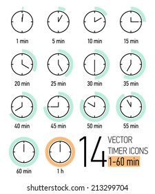 Vector set of timer icons with light turquoise and orange colored time scale | Different time interval icons | Fourteen clock faces with minutes ticking  