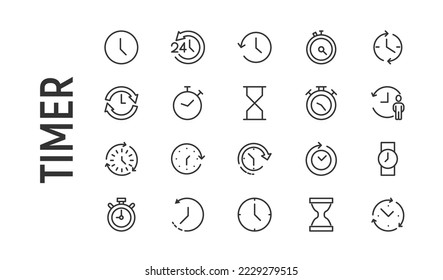 Vector set of timer thin line icons. Design of 20 stroke pictograms. Signs of timer isolated on a white background.