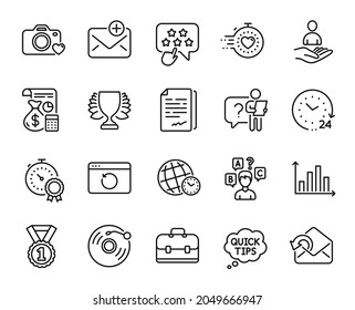 Vector set of Timer, Winner and Diagram graph line icons set. Vinyl record, 24 hours and Send mail icons. Quiz test, Search employee and Quick tips signs. Timer web symbol. Vector