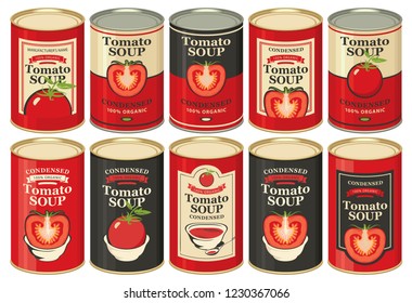 Vector set of tin cans with various labels for condensed tomato soup with images of tomatoes and inscriptions