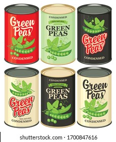 Vector set of tin cans with various labels for green peas. Samples of label design. Canned food during the quarantine, long-term storage product