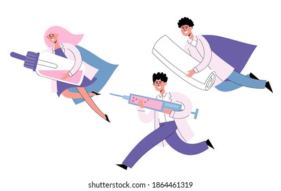 Vector set of tiny doctors-superhero with huge bandage, vaccine and nose drops to help patient. Flat doctor with cloak isolated on white