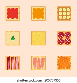 Vector set of toasts: jam, honey,banana,butter,cheese,sausage,bacon,salmon an caviar toasts