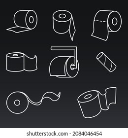 Vector Set of Toilet Paper White Line Icons on Black Background