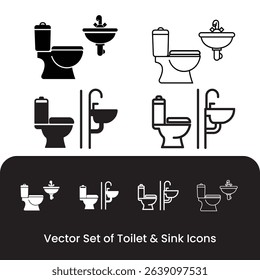 Vector Set of Toilet and Sink Icons - Bathroom Fixtures Collection - Toilet and Basin Silhouettes and Outlines
