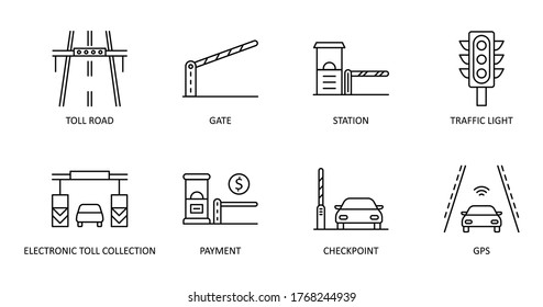 Vector set of toll road icons. Editable Stroke. Highway icon includes station gate traffic light. Electronic toll collection, gps payment checkpoint for web design and applications