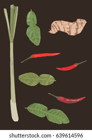 Vector set of tom yum herbs ingredient, kaffir lime leaves, chili, lemon grass, Galangal