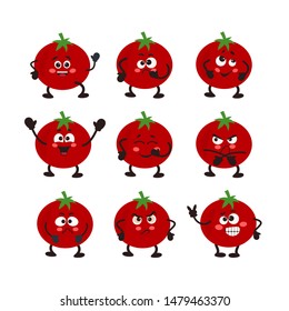 Vector Set of tomato character. Different emotions..  Vector illustration for your design, nursery decor, prints, childish background, T-shirt. Humanized funny pencils smiling, winking, giving okay