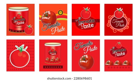 Vektorset von Tomaten- und Tomatenpastendesigns. Illustration von Etiketten für Verpackungsdesign oder Grafikdesigner mit Tomate, Dose, Text