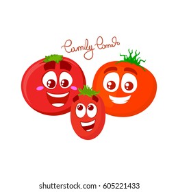 Vector set of tomatoes family. Cartoon characters. Isolated on white background.