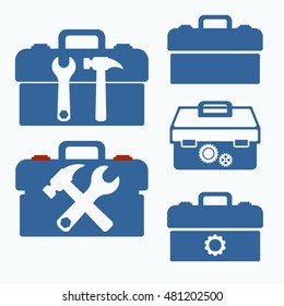 Vector set of Tool boxes . Hammer, screwdriver and spanner silhouette. Support settings concept. Mechanical shop. Single flat icon isolated on white background. vector illustration.