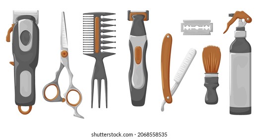 Vector set of tools for a barbershop in a cartoon style.