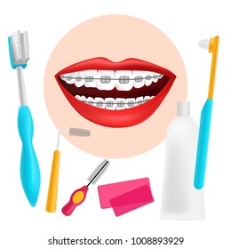 Vector set of tools for cleaning braces. Teeth with braces