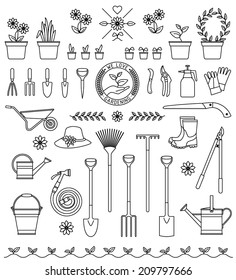 Vector set of the tools and design elements for gardening