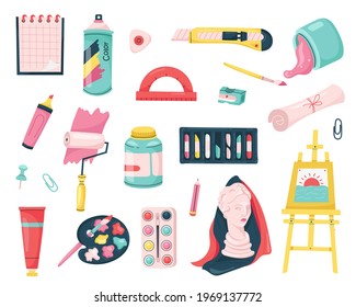 vector set of tools for drawing, art, handmade, creative craft. isolated on a white background.