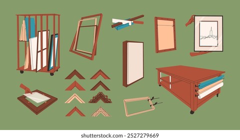 Vector set of tools for framing paintings. Framing workshop. Embroidery stretching, glass installation, frame restoration. Wood baguette. Vector illustration in flat style