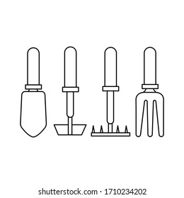 Vector set of tools for the garden on a white background. For agriculture and caring for plants and weeding vegetables. Flat design illustration of objects without fill. Vector and stock illustration.