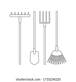 Vector set of tools for the garden on a white background. For agriculture and caring for plants and weeding vegetables. Flat design illustration of objects without fill. Vector and stock illustration.