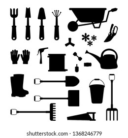 Vector set of tools for gardening. Gardening collection. Icon silhouette