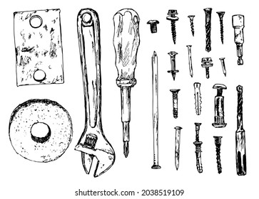 Vector set of tools. hand-drawn set in sketch style wrench, screwdriver, bolts, nails, self-tapping screws, whetstone isolated black outline on a white background for a design template. Linear sketch 