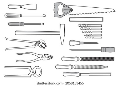 Conjunto de vectores de la ilustración de la línea de herramientas. 