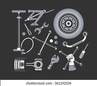 vector set of tools and spare parts of the car on a black background