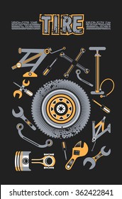 vector set of tools and spare parts of the car the name of the workshop in the center of the tire