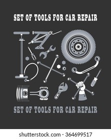 vector set of tools and spare parts of the car on a black background