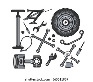 vector set of tools and spare parts of the car on a white background