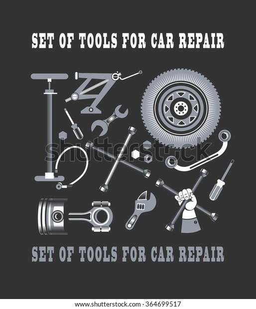 vector set of tools and spare parts of the car\
on a black background