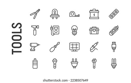 Vector set of tools thin line icons. Design of 20 stroke pictograms. Signs of tools isolated on a white background.