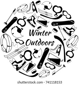 Vector Set of tools of winter sports and games equipment