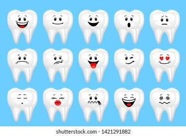 
Vector set of tooth emoticons. Collection of characters of teeth with different emotions in cartoon style on blue background. 