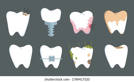 Conjunto vectorial de iconos dentales para el diseño de niños. Graciosa imagen de cuidado dental para niños. Dientes y cavidad oral afectados. Asistencia sanitaria para la dentición