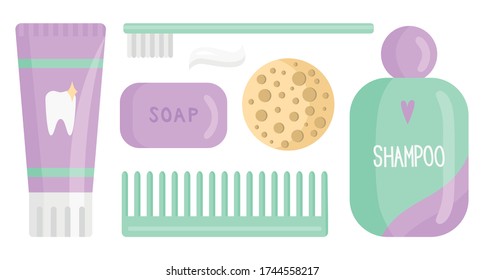Vector set of toothpaste, toothbrush, soap, bath sponge, comb and shampoo