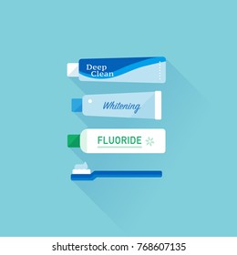 vector set of toothpaste tubes and toothbrush. Flat, isolated, sign and icon template 