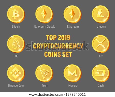 Vector set of top 2019 golden cryptocurreny logo coins: Monero, Dash, Tron, Binance Coin, EOS, XRP, Litecoin, Ethereum Classic, Ethereum, Bitcoin