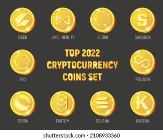 Vector set of top 2022 golden cryptocurreny logo coins: Ceek, Axie Infinity, Ecomi, Sandbox, XYO, Poligon, Terra, Fantom, Solana, Kadena