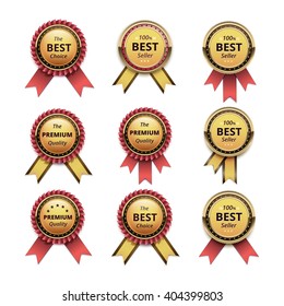 Vector Set of Top Quality Guarantee Golden labels with Red Scarlet Ribbons Close up Isolated on White Background