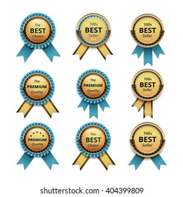 Vector Set of Top Quality Guarantee Golden labels with Light Blue Azure Turquoise Ribbons Close up Isolated on White Background